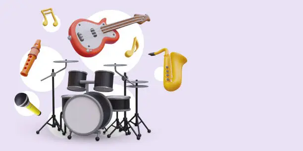 Vector illustration of 3D musical instruments. Guitar, drum stand, flute, microphone, saxophone, nota