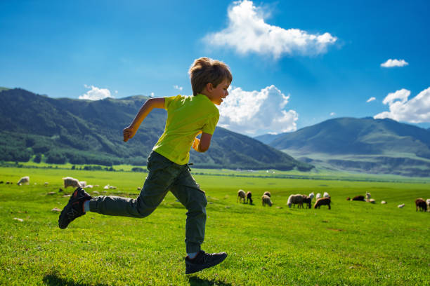 istock Boy running fast on mountains and meadow with farm animals backg 1929888633