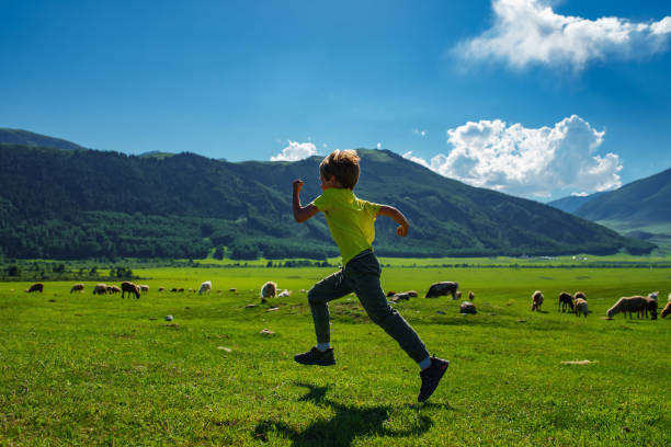 Boy running fast on mountains and meadow with farm animals backg