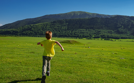 Boy running through a green meadow in the mountains on a sunny summer day