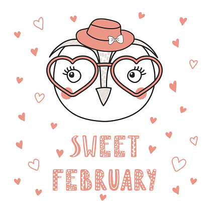 Hand drawn vector portrait of a cute funny owl in heart shaped glasses, with romantic quote. Isolated objects on white background. Vector illustration. Design concept children, Valentines day card.