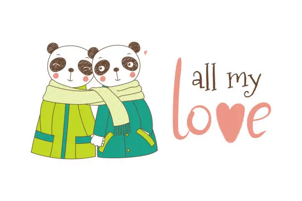 Vector illustration of A couple of pandas wrapped in one scarf