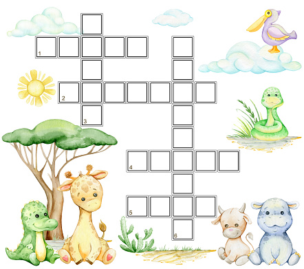 hippopotamus, alligator, snake, bull, sun, cactus, pelican, giraffe, sloth, crossword puzzle, cartoon-style clipart for kids.
