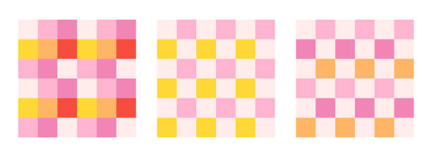 checkerboard retro groovy background set. geometric pastel square textures in vintage y2k style. hippie 70s patterns. plaid pattern backgrounds. pink, red, and yellow colors. - red backgrounds pastel colored abstract stock-grafiken, -clipart, -cartoons und -symbole