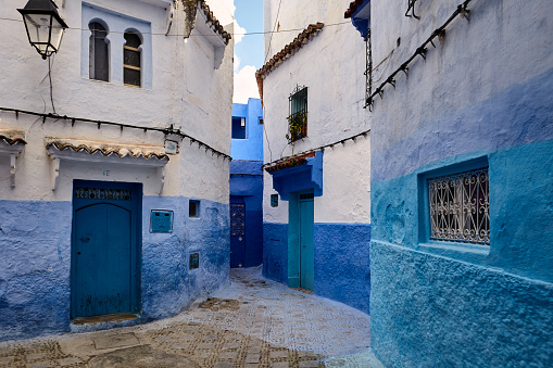Street in blue city of Chefchaouen, Morocco, Africa.