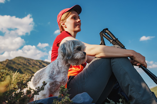 Young woman hiker with shih tzu dog sitting on top of the mountain, focus on dog