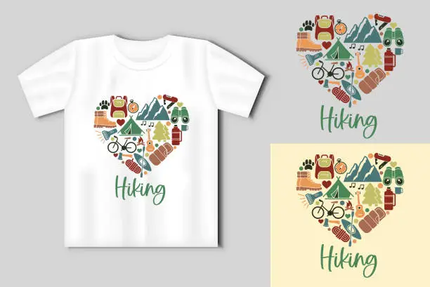 Vector illustration of Flat icons in the heart shape on the theme of hiking and outdoor recreation. Vector concept with t-shirt mockup