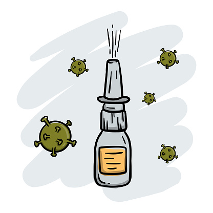 A bottle of runny nose spray and flu viruses flying in the air. Vector illustration