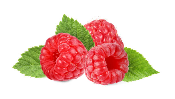 istock Fresh ripe raspberries with green leaves isolated on white 1929922720