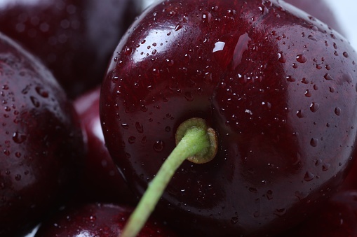 Fresh ripe cherries with water drops as background, macro view