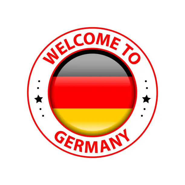 Vector illustration of Vector Stamp. Welcome to Germany. Glossy Icon with National Flag. Seal Template