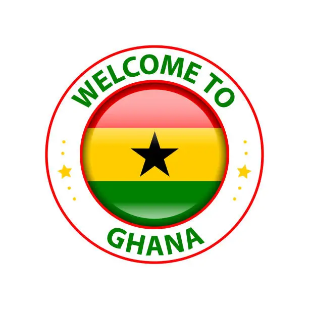 Vector illustration of Vector Stamp. Welcome to Ghana. Glossy Icon with National Flag. Seal Template