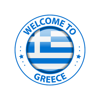 Vector Stamp. Welcome to Greece. Glossy Icon with National Flag. Seal Template