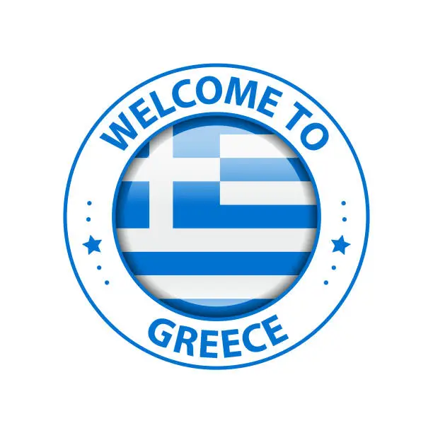 Vector illustration of Vector Stamp. Welcome to Greece. Glossy Icon with National Flag. Seal Template