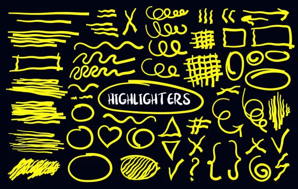 Vector illustration of Neon yellow highlight brush underlines. isolated elements.