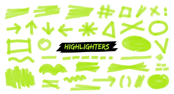 Vector illustration of Neon green highlight brush underlines. isolated elements.