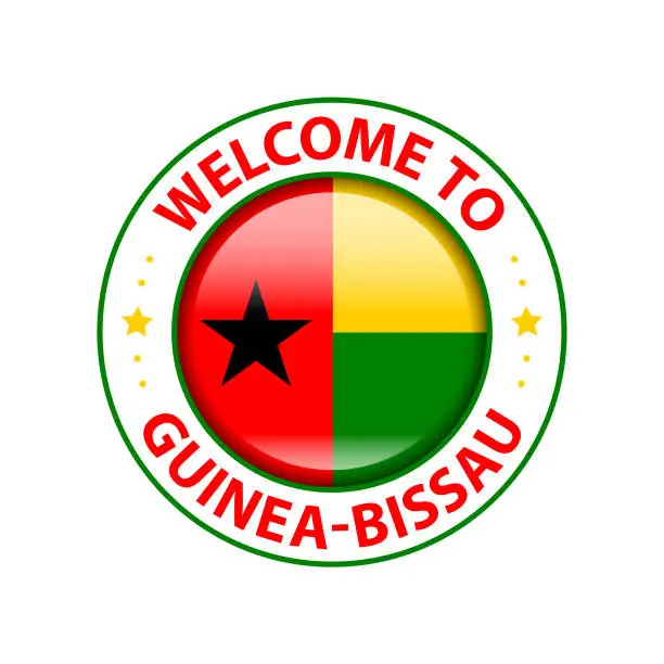 Vector illustration of Vector Stamp. Welcome to Guinea-Bissau. Glossy Icon with National Flag. Seal Template