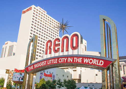 Reno, USA - June 27, 2008: March 25, 2018: View of the Reno arch and the downtown street where it is placed on a sunny day