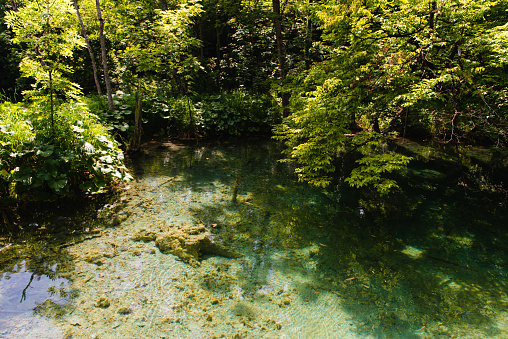 Blue lagoon and stream of Pantalica Nature Reserve in Sortino. Pantalica Nature Reserve, Anapo Valley and Cava Grande Stream