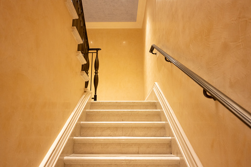 The Hague, Netherlands - October 09 2020 : A residential home stairs is stripped for renovation and build up again and looks modern and new