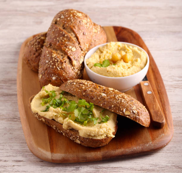 Seed brown buns with homemade hummus
