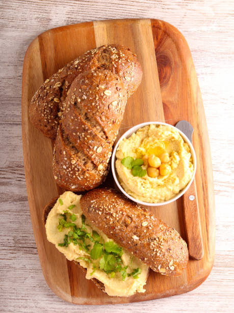 Seed brown buns with homemade hummus