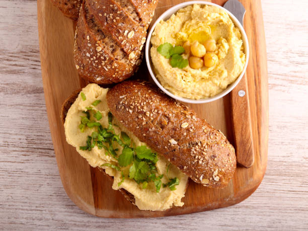 Seed brown buns with homemade hummus