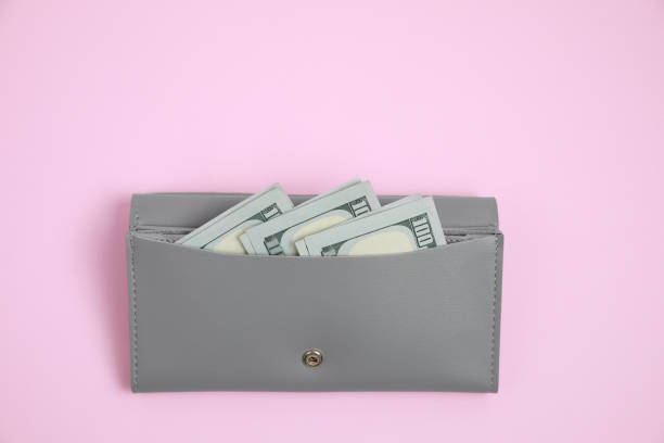 istock Stylish grey leather purse with dollar banknotes on pink background, top view. Space for text 1929954943