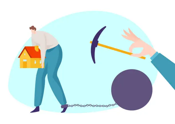 Vector illustration of Man burdened by house chained to ball struggles as hand with pickaxe offers help. Mortgage debt relief concept, financial burden vector illustration