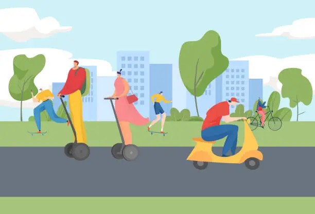 Vector illustration of People riding scooter, skateboarding, and cycling in a city park. Casual urban dwellers enjoying outdoor activities. Modern city life and eco-friendly transportation vector illustration