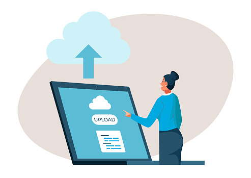 Woman uploading files to cloud storage with a large laptop computer. Female character engaged in data backup or file sharing. Technology and online storage concept vector illustration.