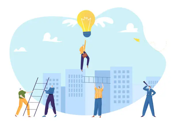 Vector illustration of Team working to build bridge, person flying with light bulb balloon. Innovation and teamwork concept in business. Problem solving and creativity vector illustration