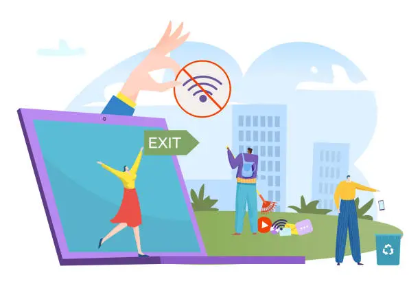 Vector illustration of People escaping a giant smartphone, man holding exit sign, woman dancing, no wifi symbol. Digital detox concept, outdoors freedom. Vector illustration
