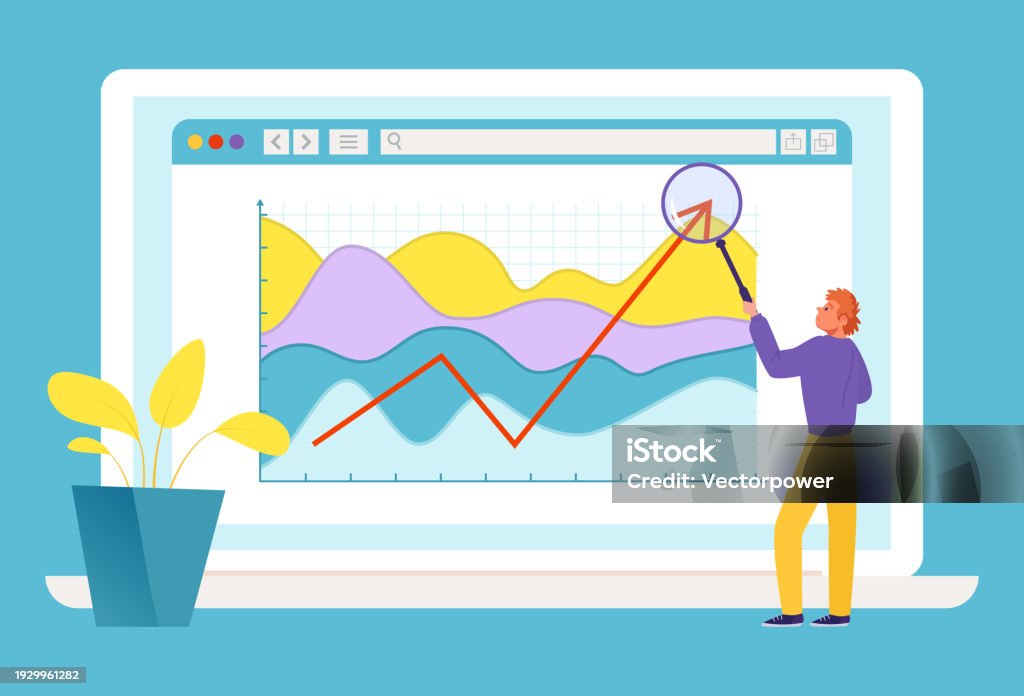 Measuring Data Graphics Businessman Analyzing Data Graph On Computer Screen Man With Magnifying ...