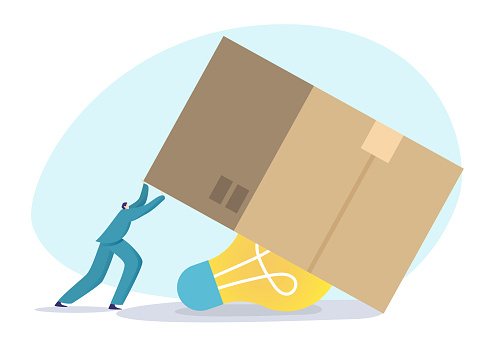 Person pushing large package on light bulb conceptually. Innovation, overcoming obstacles in project. Big idea implementation vector illustration.
