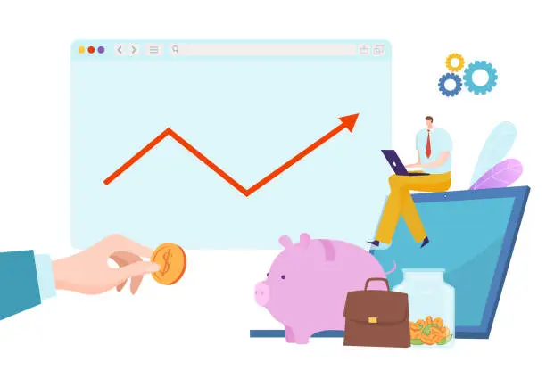 Vector illustration of Man sitting on a smartphone screen working on laptop, growth chart and piggy bank. Financial planning and online investment vector illustration