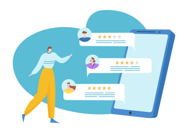 istock Person pointing at tablet with customer review ratings. Online feedback, business reviews, customer satisfaction concept. Digital reputation management vector illustration 1929962443