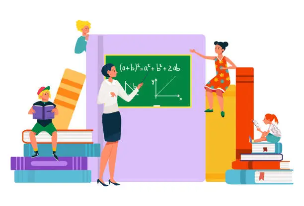 Vector illustration of Female teacher explaining math on blackboard, students of different ages studying. Education concept, classroom learning. Kids attentive to lesson vector illustration