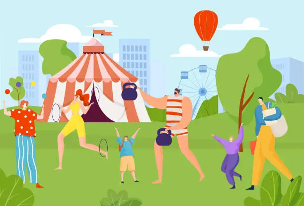 Vector illustration of People enjoying outdoor activities in park, man lifting kettlebells, women playing badminton. Amusement park with ferris wheel, circus tent background. Leisure time exercise and fun vector illustration