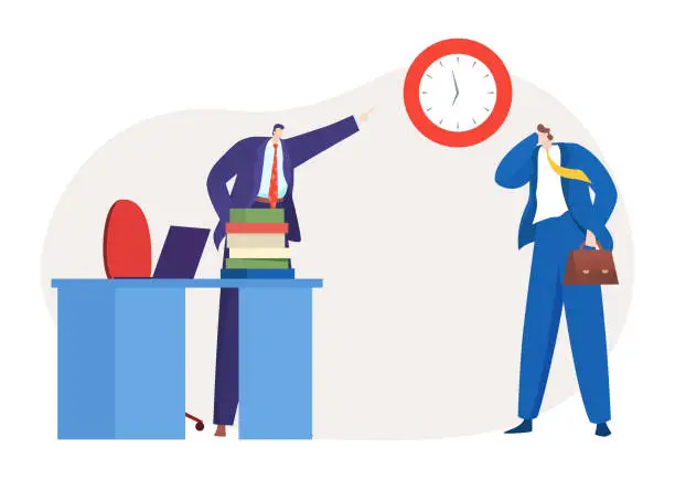 Vector illustration of Businessman standing on books reaching for a clock, businesswoman holding head in stress. Time management and deadline vector illustration
