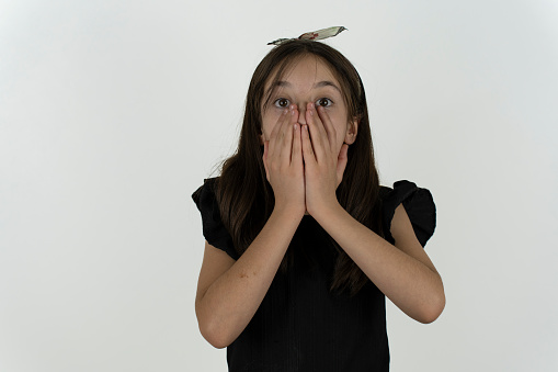 Surprised girl child. Photo taken on a white background. With text field. Copy space.