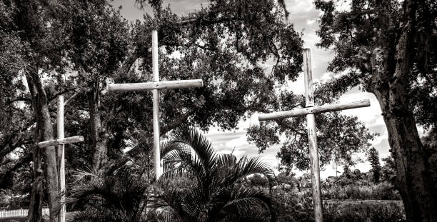Close up wooden religious cross in nature