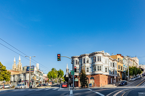 San Francisco, USA - May 18, 2022:  old houses in downtown San Francisco in bright light.