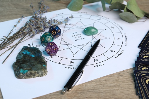 Zodiac wheel with sign triplicities, pen, gemstones and astrology dices on wooden table, closeup