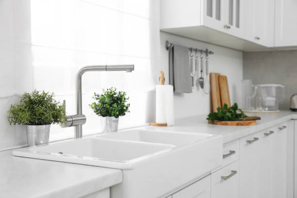 istock Different potted artificial plants on countertop in kitchen. Home decor 1929977061