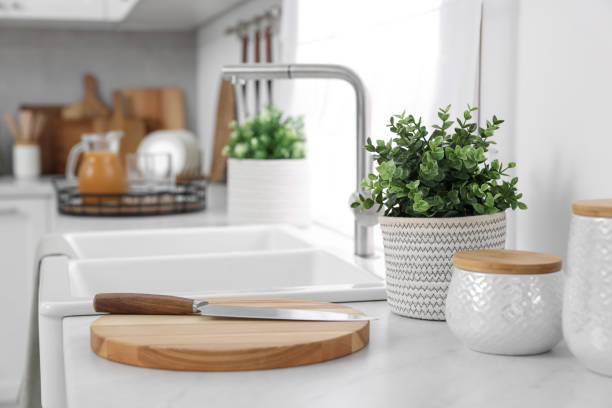 istock Different potted artificial plants on countertop in kitchen. Home decor 1929977068