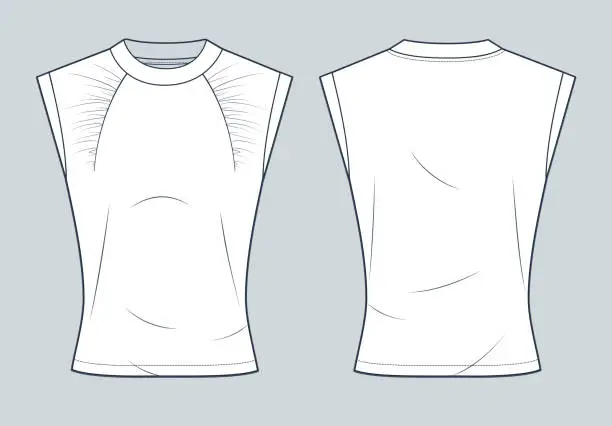 Vector illustration of Tee Shirt technical fashion illustration. Gathered T-Shirt fashion flat technical drawing template, drapery, slim fit, round neck, front and back view, white, women Top CAD mockup.