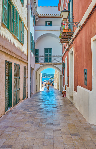 Mahon/Menorca, Spain - August 4, 2022:  The alley of the old town leading to the lookout terrace
