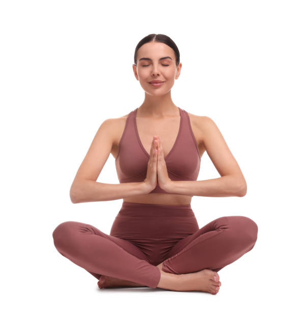 istock Beautiful young woman practicing yoga on white background. Lotus pose 1930046395