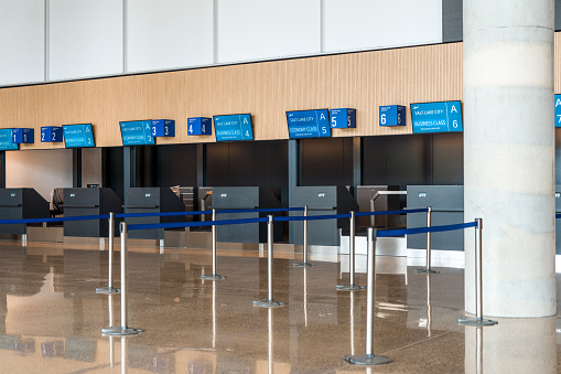Empty check in counters at the airport.